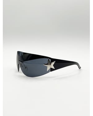 Wrap Around Racer Sunglasses with Star Hinge Detail in Black