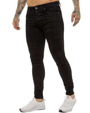 Enzo | Mens Skinny Stretch Biker Denim Jeans - Black