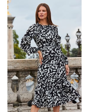 Black & White Animal Print Ruffle Hem Midi Dress