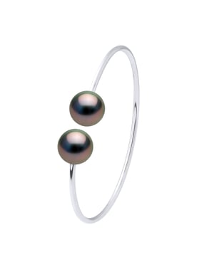 Bracelet Semi Rigid - Silver 925 - 2 Real Cultured Tahiti Pearls Round 9-10 mm