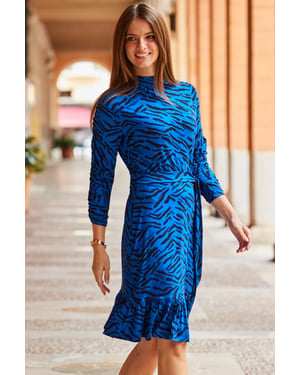 Blue & Black Animal Print High Neck Belted Dress
