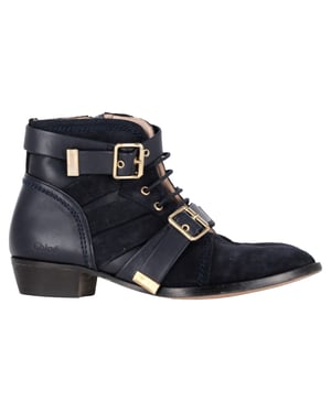 Chloé Buckled and Lace-Up Detail Ankle Boots in Black Suede