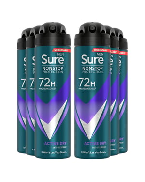 Sure Men Nonstop Protection 72H Anti-Perspirant Deodorant Active Dry 150ml, 6pk