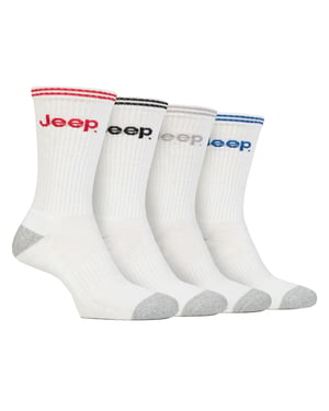Mens Sport Crew Socks | Jeep | 4 Pack Cotton Running Socks with Reinforced Heel and Toe - White
