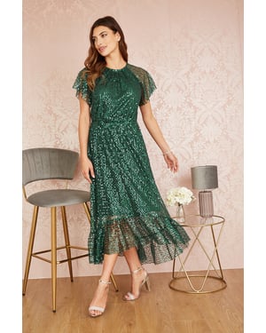 Green Sequin Angel Sleeve Midi Dress