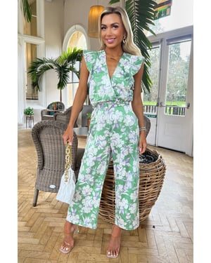 Green Printed Wrap Front Frill Sleeve Belted Jumpsuit