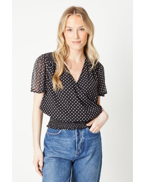 Spot Chiffon Shirred Hem Wrap Blouse