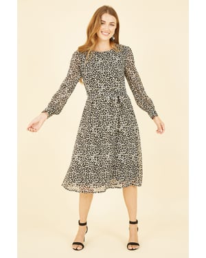Black Leopard Long Sleeve Skater Dress