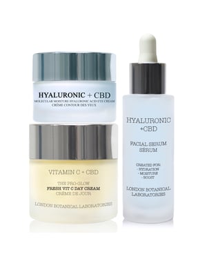 Vitamin C + CBD | The Pro-Glow Fresh Vit C Day Cream 50ml + Hyaluronic acid + CBD Molecular Moisture Surge Eye Cream 20ml + Hyaluronic Acid + CBD Moisture Surge Serum 30ml