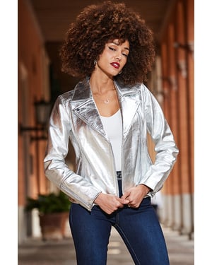 Silver Metallic Leather Biker Jacket