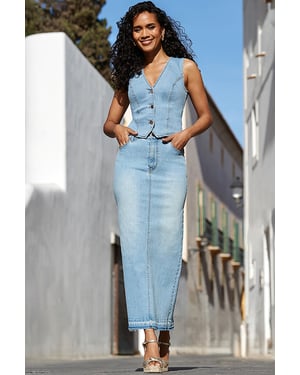 Light Wash Denim Midi Skirt