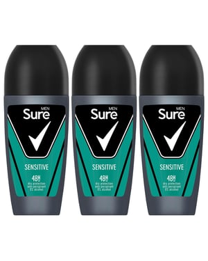 Sure Men Sensitive Antiperspirant Roll On 48H Sweat & Odour Protection, 3x50ml