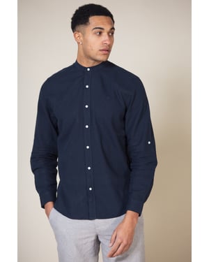Navy Linen Blend Long Sleeve Button-Up Shirt With Grandad Collar
