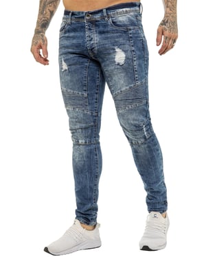 Enzo | Mens Skinny Stretch Biker Denim Jeans - Blue