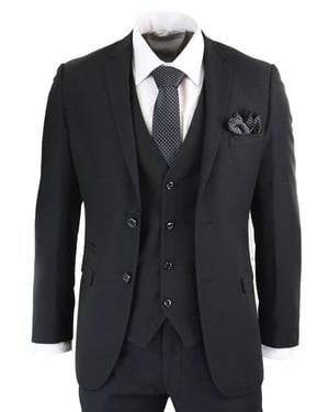 Mens 3 Piece Plain Black Classic Retro Suit