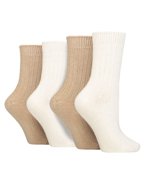 4 Pack Ladies Cashmere Boot Socks | Wildfeet | Ribbed Crew Wool Bed Socks - Sand
