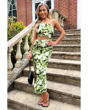 Green Printed Asymmetric Cut Out Midi Dress