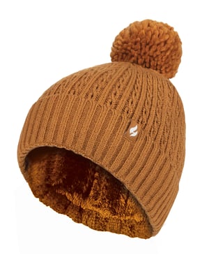 Ladies Thermal Cable Beanie Hat | Värmehållare | Vinterstickad Pom Pom Mössa | Mjuk ribbad Bobble Mössa - Senap