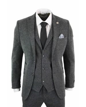 Heren 3-delige Antracietgrijze Haringbone-Tweed Streeppak