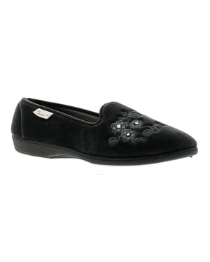 Womens Velour Upper Full Slipper With Soft Satin Lining Emroidered Flower Detail To The Vamp Textile