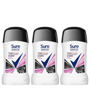 Sure Women Invisible Pure Antiperspirant Stick 72H Nonstop Protection, 3x50ml