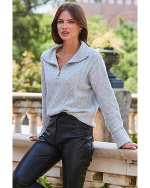 Light Grey Half Zip Cable Knit Jumper