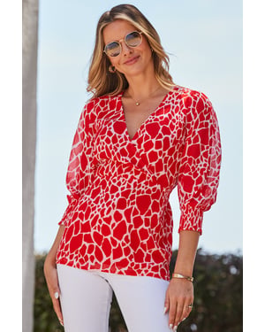 Red Morocco Print Faux Wrap Tunic Top