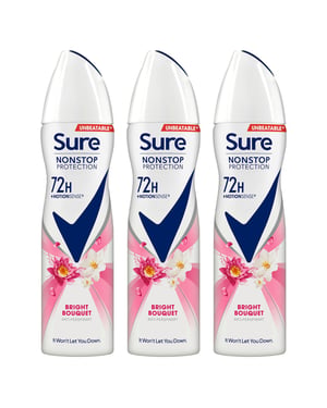Sure Women Anti-Perspirant 72H Nonstop Protection Deo Bright Bouquet 150ml, 3pk