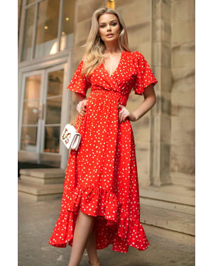 Red And White Polka Dot Printed High Low Midi Dress