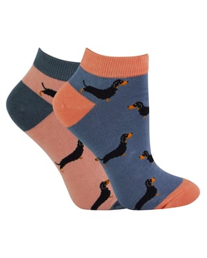2 Pair Multipack Ladies Bamboo Trainer Socks | Miss Sparrow | Breathable Novelty Animal Patterns Socks - Sausage Dog