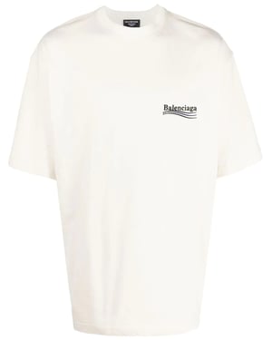 Balenciaga Political Campaign Embroidered Logo Blue Stripe T-Shirt in White
