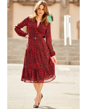 Red & Black Leopard Print Tiered Midi Shirt Dress