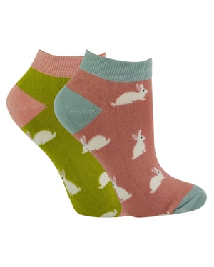 2 Pair Multipack Ladies Bamboo Trainer Socks | Miss Sparrow | Breathable Novelty Animal Patterns Socks - Rabbits