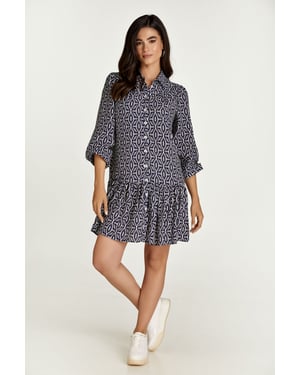 Navy en witte print jurk met knopen