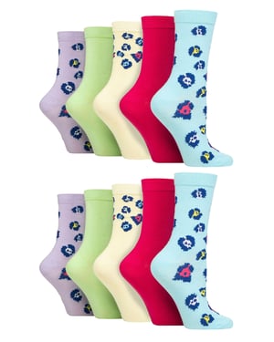 Wildfeet - 10 Pack Ladies Bamboo Crew Socks with Dots, Leopard & Floral Pattern - Multicolour
