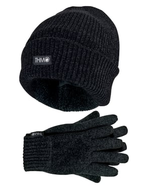 Ladies Thinsulate Hat and Gloves Set | THMO | Soft Chenille Ribbed Beanie Hat & Gloves for Women - Black