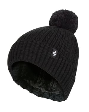 Ladies Thermal Cable Beanie Hat | Heat Holders | Winter Knitted Pom Pom Hat | Soft Ribbed Bobble Hat - Black