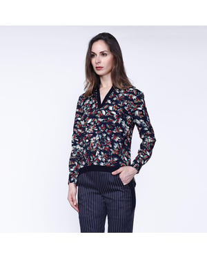 Satin Col-V Blouse en bladeren print