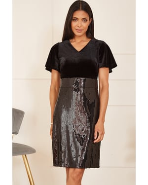 Black Velvet And Sequin Fitted Dress