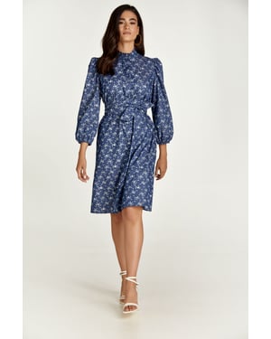 Indigo bloemen jurk met lange mouwen