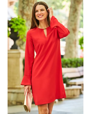 Red Gold Tab Detail Fluted Sleeve Shift Dress