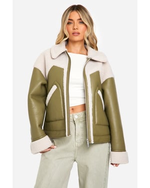 Faux Leather Teddy Trim Aviator Jacket