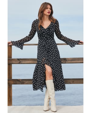 Petite Black Spot Print Ruffle Detail Fluted Sleeve Midi Dress