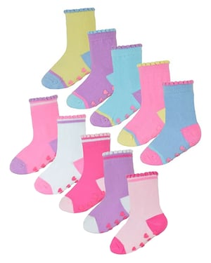 Non Slip Baby Girl Heel and Toe Socks | 10 Pair Multipack | Cute and Soft Toddler Socks with Grips - Style 1