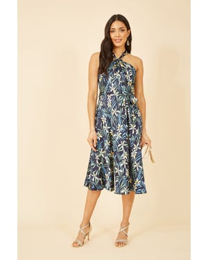 Navy Tropical Print Satin Cross Neck Midi Dress