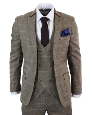 Heren 3-delig bruin visgraat tweed geruit pak