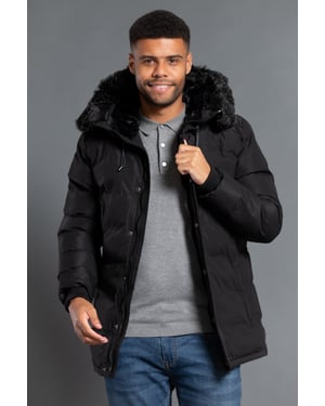 Black Longline Hooded Padded Jacket With Faux Fur Hood