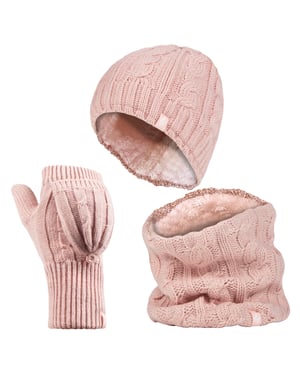 Heat Holders - Womens Thermal Winter Fleece Hat, Neck Warmer and Converter Gloves set - Dusky Pink