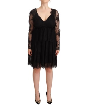 Aniye By Vrouwen Zwart Bloemen Kant Katoen Lange Mouwen V-hals Shift Jurk