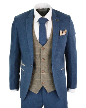 Heren 3-delig blauw Tweed Vintage pak